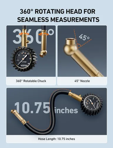 Miniatura 6 de AstroAI Medidor de presión de neumáticos para automóviles con dial grande de 2 pulgadas, latón macizo con manguera de goma, válvula de purga