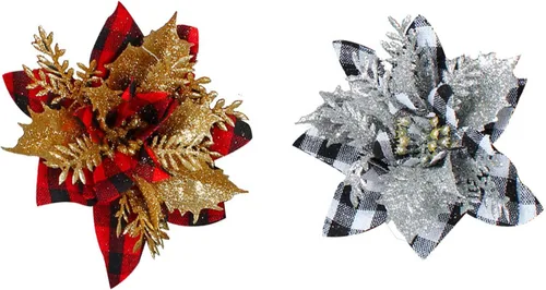 Miniatura 9 de 24 flores de Pascua de Navidad de 4.7 pulgadas con purpurina roja búfalo a cuadros de flores de nochebuena para adornos de árbol de Navidad