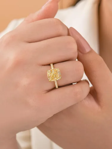Miniatura 16 de Anillo de compromiso de corte cojín de 4 quilates para mujer, piedra blanca/amarilla grado 5A, circonita cúbica S925, plata, amarillo/blanco/oro rosa