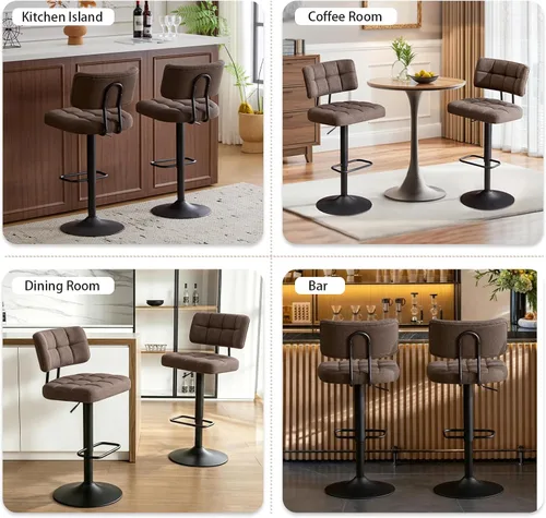 Miniatura 6 de Juego de 2 taburetes de bar giratorios de altura ajustable, taburetes de barra de tela de lino sin brazos con reposapiés para cocina, hogar, bar