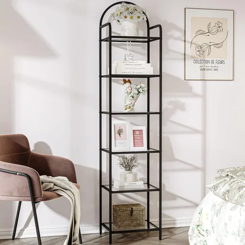 Hzuaneri Estantería de vidrio templado, estantería delgada para dormitorio, baño, oficina en casa, marco de acero, negro de 6 niveles BC10601B