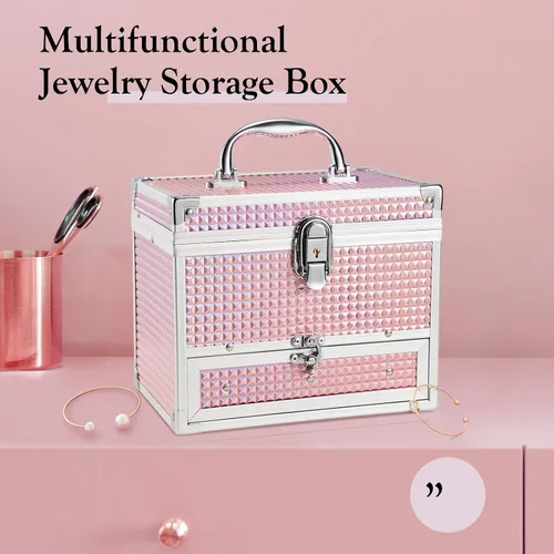 Miniatura 7 de Hododou Caja de maquillaje de joyería para mujer con espejo y bandeja con cerradura para cosméticos estuche de almacenamiento portátil