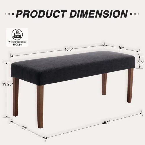 Miniatura 2 de HNY Asiento de banco de comedor tapizado de granja, banco de entrada de lino de 45 pulgadas con patas de madera negra, banco moderno de mediados