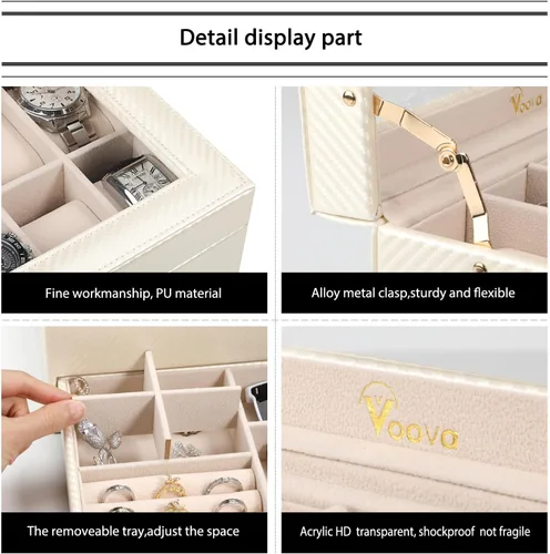 Miniatura 5 de Voova - Organizador de cajas de joyería para relojes para hombres y mujeres, 2 capas grandes con 12 ranuras, estuche de almacenamiento de relojes