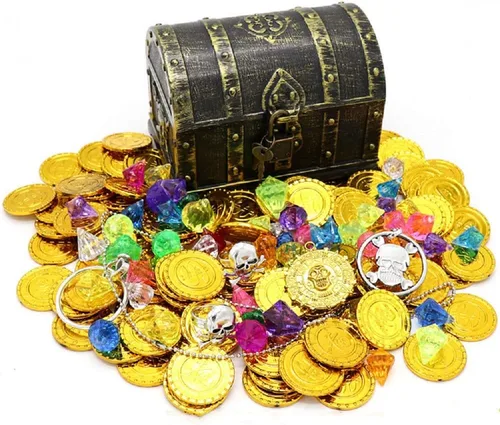 Caja de juguetes de cofre del tesoro pirata para niños, color antiguo con cerradura para recuerdos de fiesta, decoración/cofre del tesoro para niños