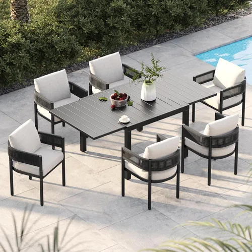 Miniatura 17 de Juego de comedor al aire libre Grand Patio de 5 piezas para 4, sillas de patio fijas de mimbre tejido metálico con cojines engrosados y 1 mesa