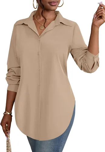 Miniatura 21 de Rooscier Blusa larga con cuello en V para mujer, manga larga, abertura lateral, con botones
