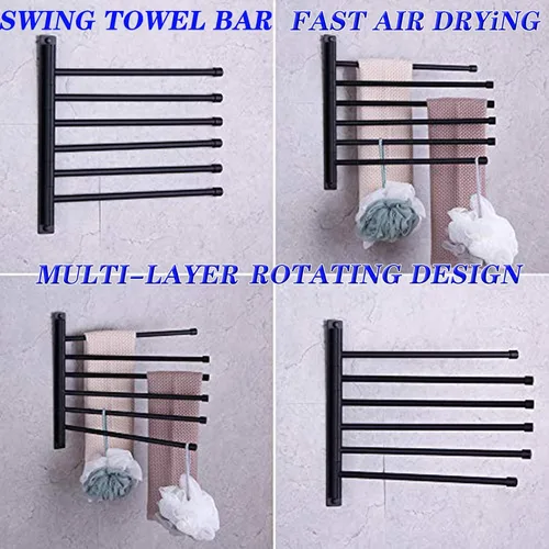 Miniatura 2 de GERZWY - Toallero de baño con brazo giratorio montado en la pared, con 6 brazos, organizador para toallas, acero inoxidable SUS 304, acabado negro