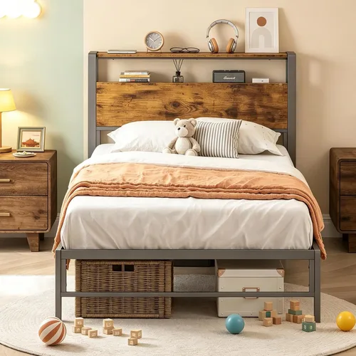 Miniatura 3 de Weehom Marco de cama individual para niños, cama de tamaño individual con estantes de madera de 2 niveles, cabecero debajo de la cama, espacio