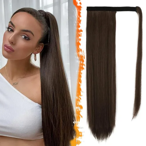 Miniatura 84 de BARSDAR Extensión de cola de caballo de 28 pulgadas largo recto envoltura alrededor del clip en pelo de fibra sintética para mujeres, negro
