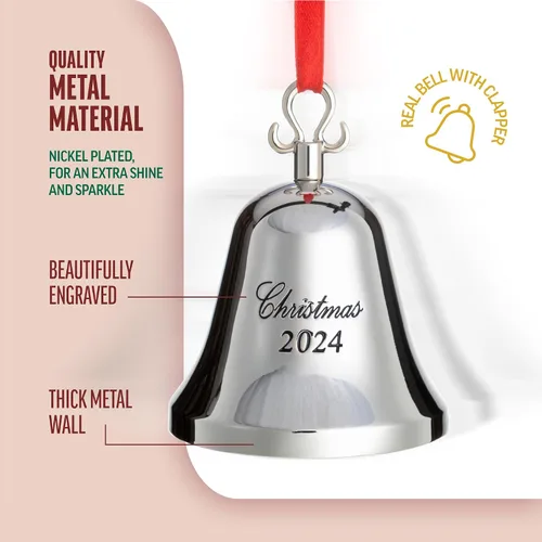 Miniatura 4 de Klikel 11º adorno anual de campana de Navidad plateada 2024 – Campana real para árbol de Navidad – Edición grabada