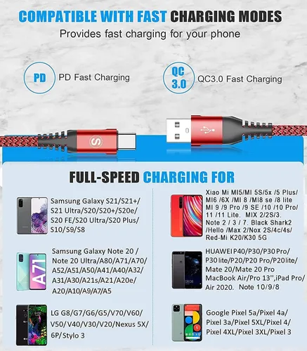 Miniatura 7 de sweguard Cable USB tipo C de 3.1A de carga rápida [2 unidades, 6.6 pies + 6.6 pies], cargador USB-A a USB-C, cable trenzado de nailon para Samsung