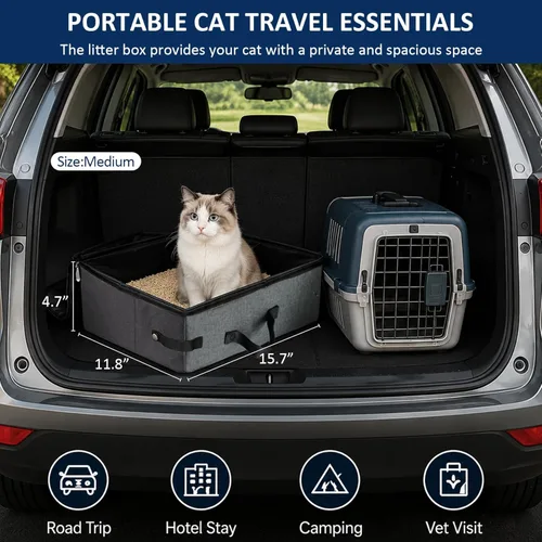 Miniatura 3 de HiCaptain Caja de arena portátil para gatos, caja de arena de viaje para gatos con tapa y asa, transportador de arena plegable portátil estándar