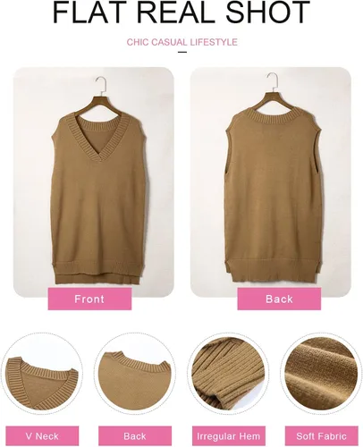 Miniatura 4 de EVLAESS - Chaleco de gran tamaño para mujer, cuello en V, sin mangas, color sólido, suéter suelto