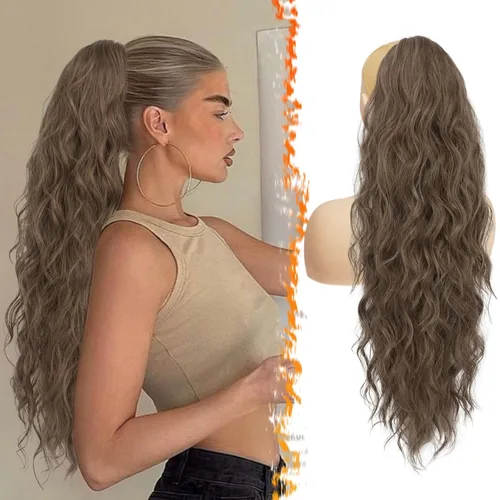 Miniatura 13 de BARSDAR Extensión de cola de caballo rojo burdeos, extensiones de cabello ondulado con cordón de 16 pulgadas para mujer, extensiones de cabello