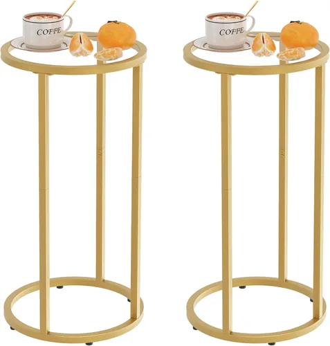 Miniatura 11 de Mesa auxiliar redonda, mesa C de cristal, mesa auxiliar para sofá, mesa de aperitivos de vidrio templado con marco de metal, mesa de noche