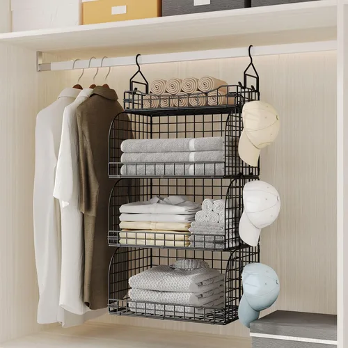 Miniatura 5 de HapiRm Organizador de armario colgante – 4 estantes apilables de metal con divisores y ganchos en S, estantes plegables para ropa, pantalones, Negro