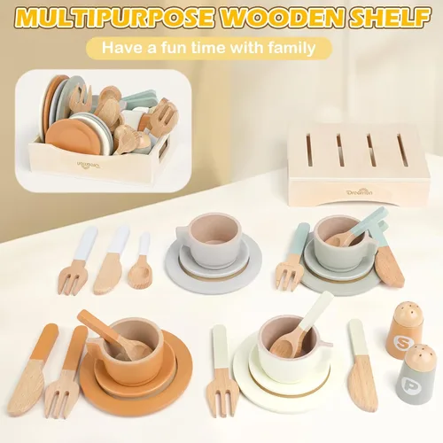 Miniatura 6 de Platos y vajilla de juego de madera para set de cocina de niños, 27 piezas de accesorios de cocina de juego de madera, juguete de cocina para niños