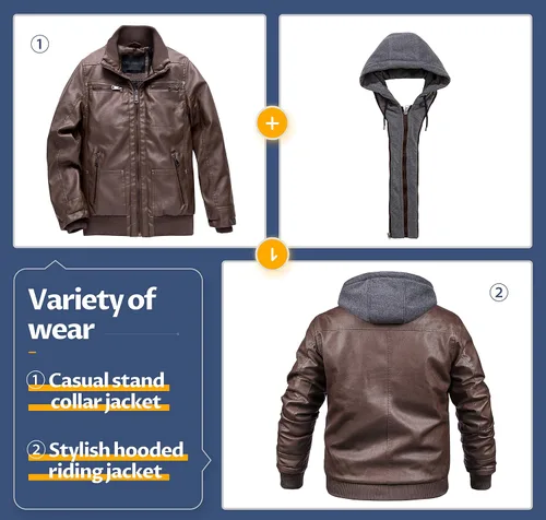 Miniatura 4 de CREATMO US Chaqueta de piel sintética para hombre, impermeable, resistente al viento, PU con capucha extraíble