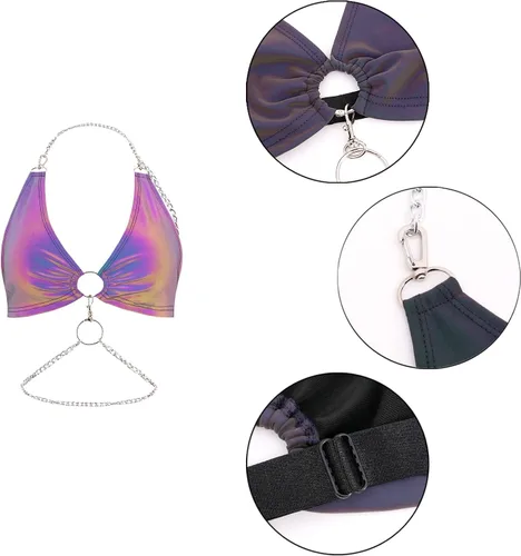 Miniatura 6 de Testudineus Camiseta sin mangas reflectante para mujer, diseño metálico brillante con cremallera en la espalda, traje de festival y rave