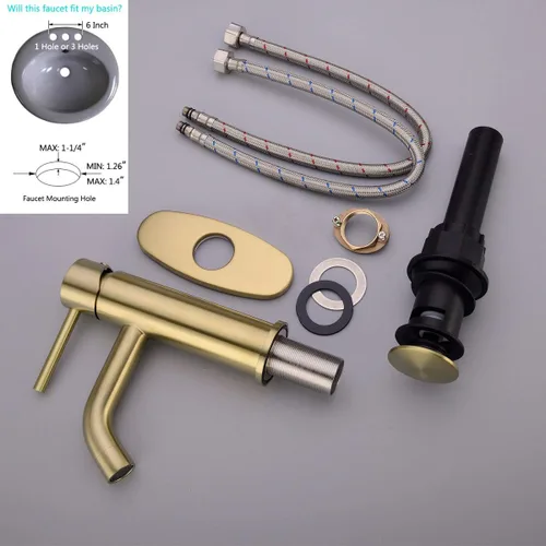 Miniatura 6 de TRUSTMI Grifo de baño de oro cepillado de un solo agujero, grifo de latón moderno para fregadero de baño, placa de cubierta de 6 pulgadas y drenaje