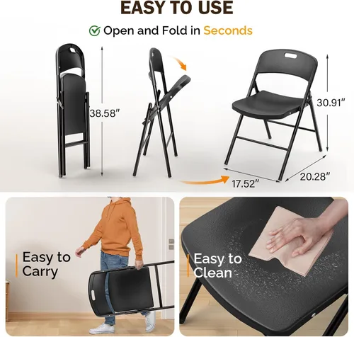 Miniatura 3 de VINGLI Sillas plegables, silla plegable de plástico, capacidad de hasta 350 libras, asientos portátiles para interiores y exteriores, eventos, Negro