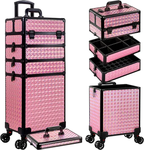 Miniatura 12 de AROUS Estuche de maquillaje rodante 5 en 1, estuche de cosmetología con ruedas, organizador cosmético grande, carro de viaje para estilista