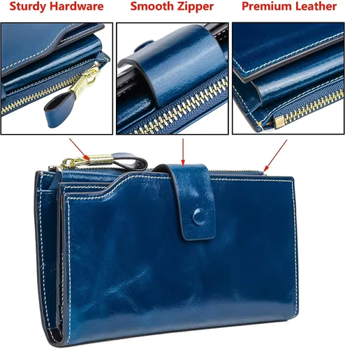 Miniatura 4 de YALUXE Cartera de piel auténtica para mujer, con bloqueo RFID, tarjetero múltiple con bolsillo para teléfono celular