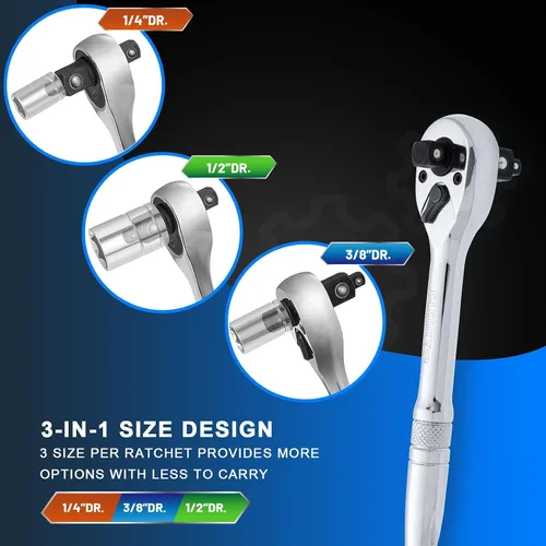 Miniatura 3 de Mango de trinquete 3 en 1,1/4", 3/8", llave de trinquete de 1/2", interruptor reversible de 72 dientes,Chapado en cromo pulido completo,Acero al