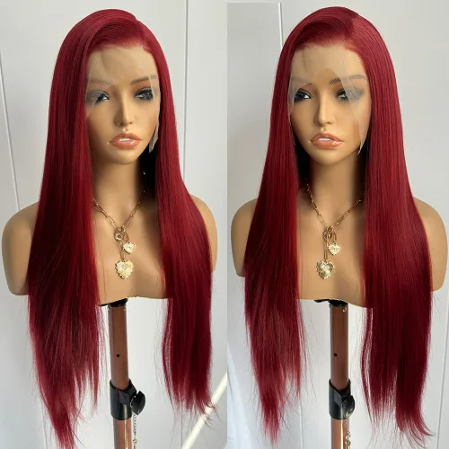 Miniatura 2 de RONGDUOYI RDY - Pelucas largas y sedosas con encaje frontal para mujer, pelucas sintéticas de color rojo vino prearrancadas de 24 pulgadas con línea