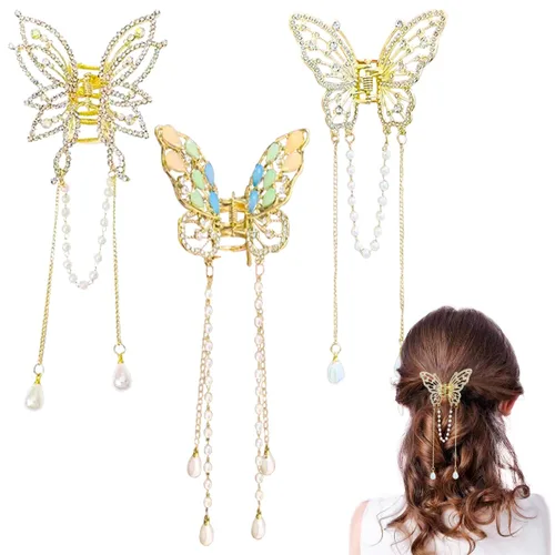 3 Piezas de Pinzas de Mariposa para el Cabello, Pinzas de Cabellera con Borla de Mariposa, Pinzas de Mariposa con Pedrería de Metal, Pinzas de