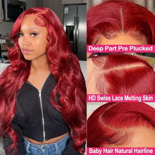 Miniatura 2 de MUPRETTY Pelucas de cabello humano con encaje frontal color burdeos, densidad del 180 %, peluca de encaje frontal de 13 x 4 pulgadas, con cabello