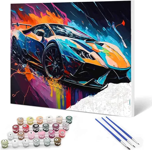 Pintura por números, auto de carreras, kit de pintura al óleo de lienzo colorido para niños y adultos, pintura de dibujo de 16 x 20 pulgadas,