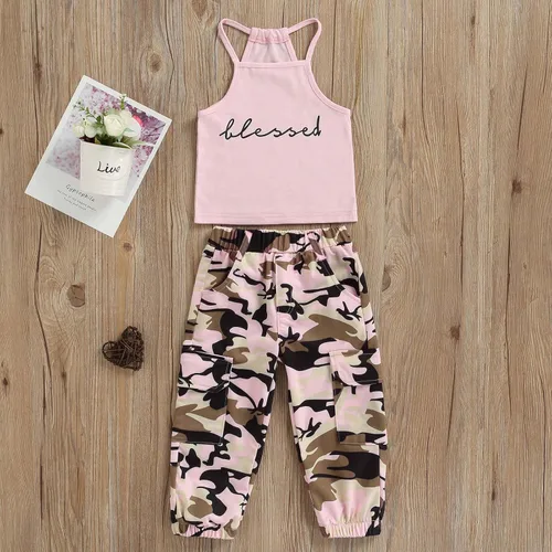 Miniatura 2 de Mandizy Conjunto de ropa de otoño para bebé niña pequeña, sudadera de manga larga con estampado de letras bendecidas, pantalones de camuflaje