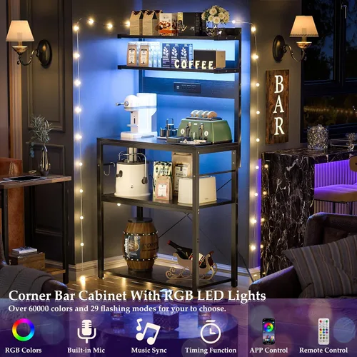 Miniatura 2 de Aheaplus - Estantería de cocina con toma de corriente, soporte para microondas, estación de café de 5 niveles con luces LED, estante
