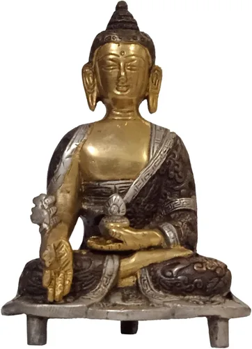 Miniatura 7 de Purpledip Latón Ídolo Reina Maya de Sakya, Madre de Gautam Buda: Estatua Vintage Acabado Oro (12155)