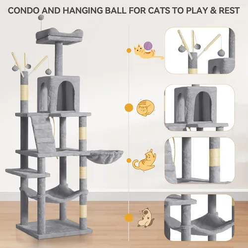Miniatura 6 de YITAHOME Árbol para gatos de 64.5 pulgadas, casa para gatos de varios niveles, muebles de condominio grande para gatos con hamaca percha, postes