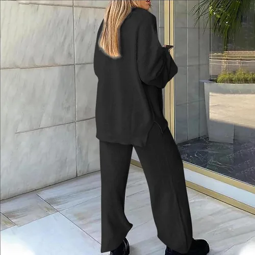 Miniatura 7 de jovati Women 2 Piece Sets Outfits Casual Long Sleeve Solid Color Tops With High Waist Pants Loose Fit Solid Pajama Sets
