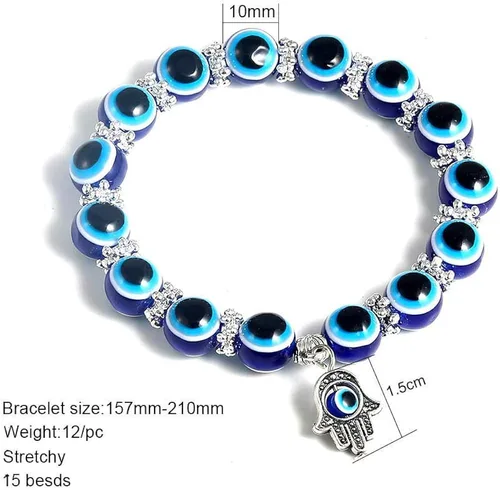 Miniatura 5 de SUMMER LOVE Pulsera elástica de ojo turco Hamsa con cuentas azules y cuentas para protección y bendición de mano de Fátima
