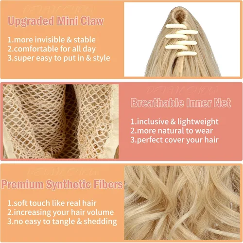 Miniatura 3 de Pinza de extensión de cola de caballo de 18 pulgadas, extensiones de cabello ondulado rizado con clip, extensiones de cola de caballo largas, Rubio