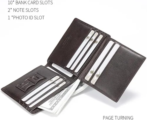 Miniatura 60 de Billetera de piel triple con bloqueo RFID para hombre con 2 ventanas de identificación, 2 compartimentos para efectivo, 6-8 ranuras para tarjetas