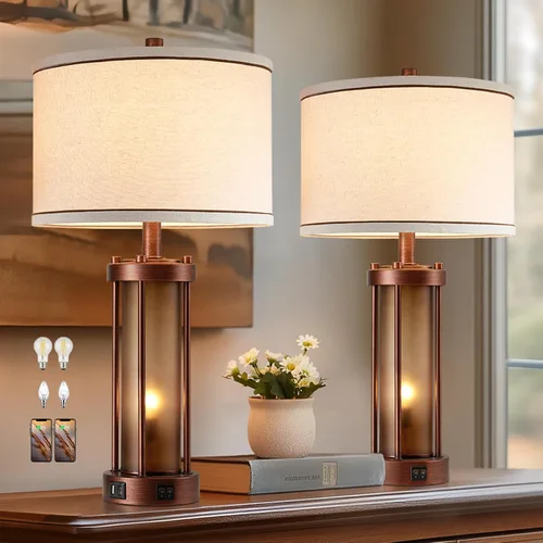 Miniatura 14 de Lámparas de mesa modernas para sala de estar, lámparas industriales de mesita con 2 puertos USB, lámpara rústica de mesita con luz nocturna