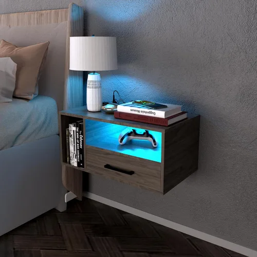 Miniatura 9 de Mesita de noche flotante con estación de carga y tiras de luz LED, mesita de noche de 21.3 pulgadas con cajones, mesita de noche flotante