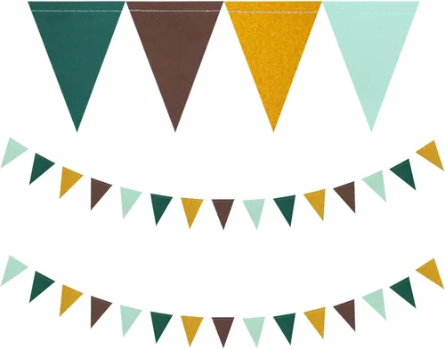 Decoraciones de fiesta color verde salvia, dorado y marrón, paquete de 2 banderines de papel, banderas triangulares, decoración de telón de fondo