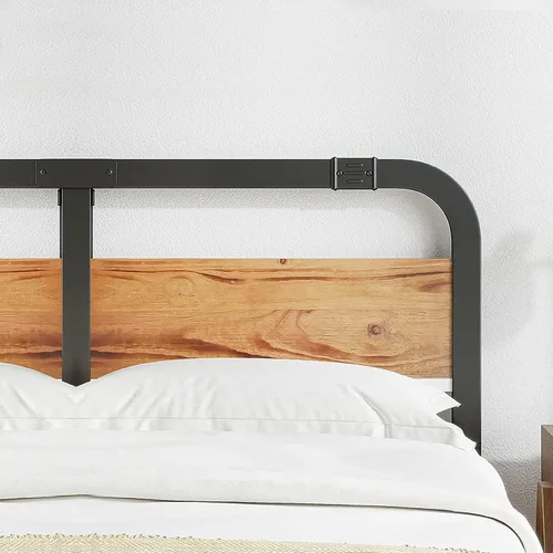Miniatura 5 de ZIYOO Base de cama de metal de tamaño matrimonial con cabecera de madera maciza, plataforma de cama de estilo rústico, soporte de listones de acero