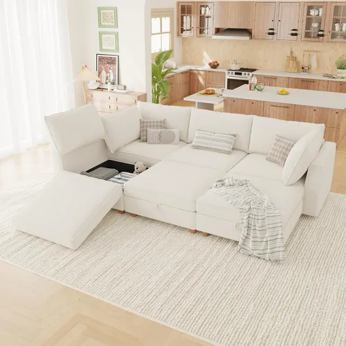 Miniatura 32 de 95.5" Sofá seccional modular de chenilla con almacenamiento oculto, sofá cama convertible en forma de L y U, sofá seccional moderno de 6 plazas