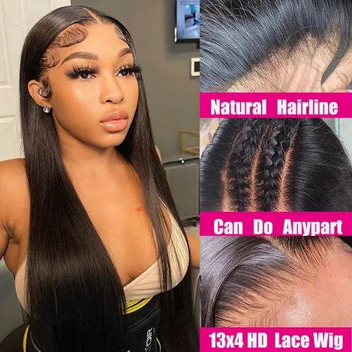 Miniatura 2 de Peluca de cabello humano brasileño lacio con encaje frontal de 13 x 4 pulgadas, transparente HD, prearrancada con abuelitos (26 pulgadas)