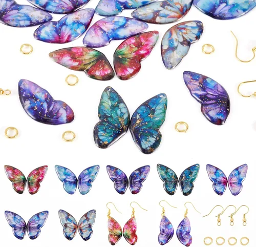 Miniatura 28 de FASHEWELRY 16 aretes de resina con alas de libélula y arco iris, mariposa, colgantes, alas de hada, coloridos dijes con ganchos para aretes, anillos
