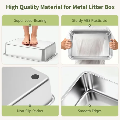 Miniatura 6 de Gimars Paquete de 2 cajas de arena de acero inoxidable XL para gatos grandes y mayores, bandeja de arena de metal para gatos múltiples con lados
