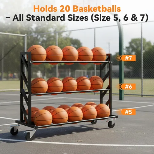 Miniatura 2 de Bastidores de baloncesto para pelotas, carrito de bolas resistente con ruedas, almacenamiento de baloncesto de 3 niveles y 20 bolas, carrito
